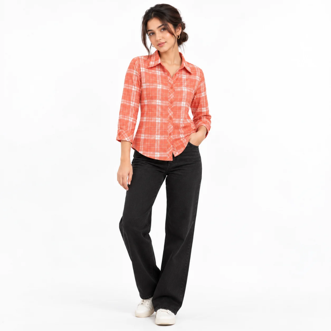 Women's Coral Orange & White Checkered Button-Down Shirt