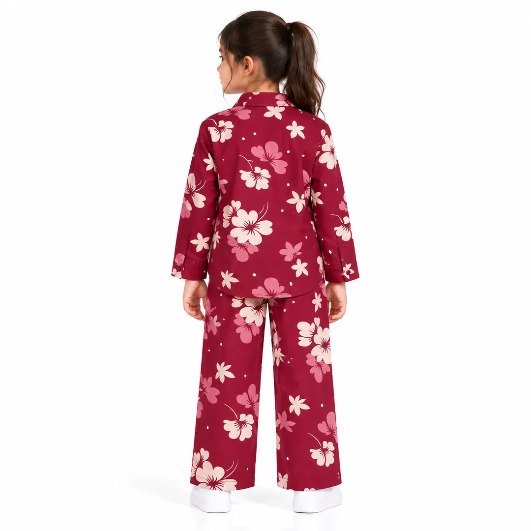 Girls' Maroon Floral Print Shirt and Pants Co-Ord Set (5-11 Years)