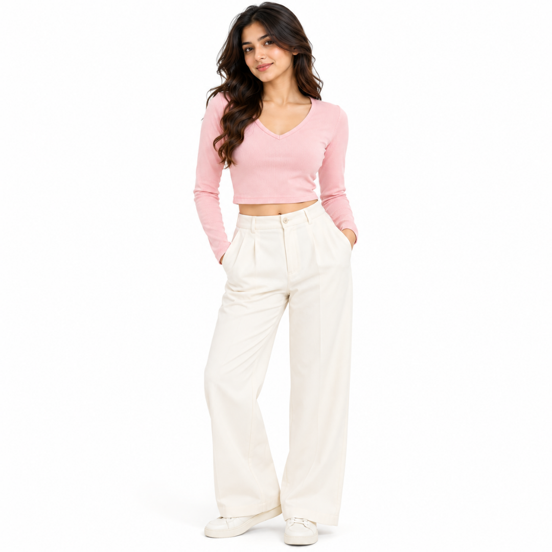 Women's Pink Ribbed Long-Sleeve V-Neck Crop Top