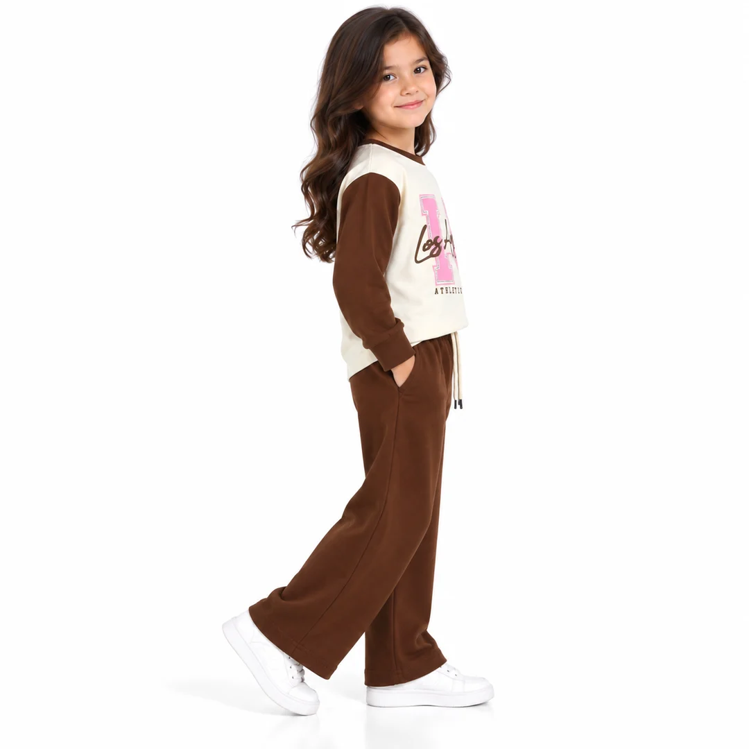 Girls' Brown & Cream Graphic Sweatshirt and Pant Co-Ord Set (5-11 years)