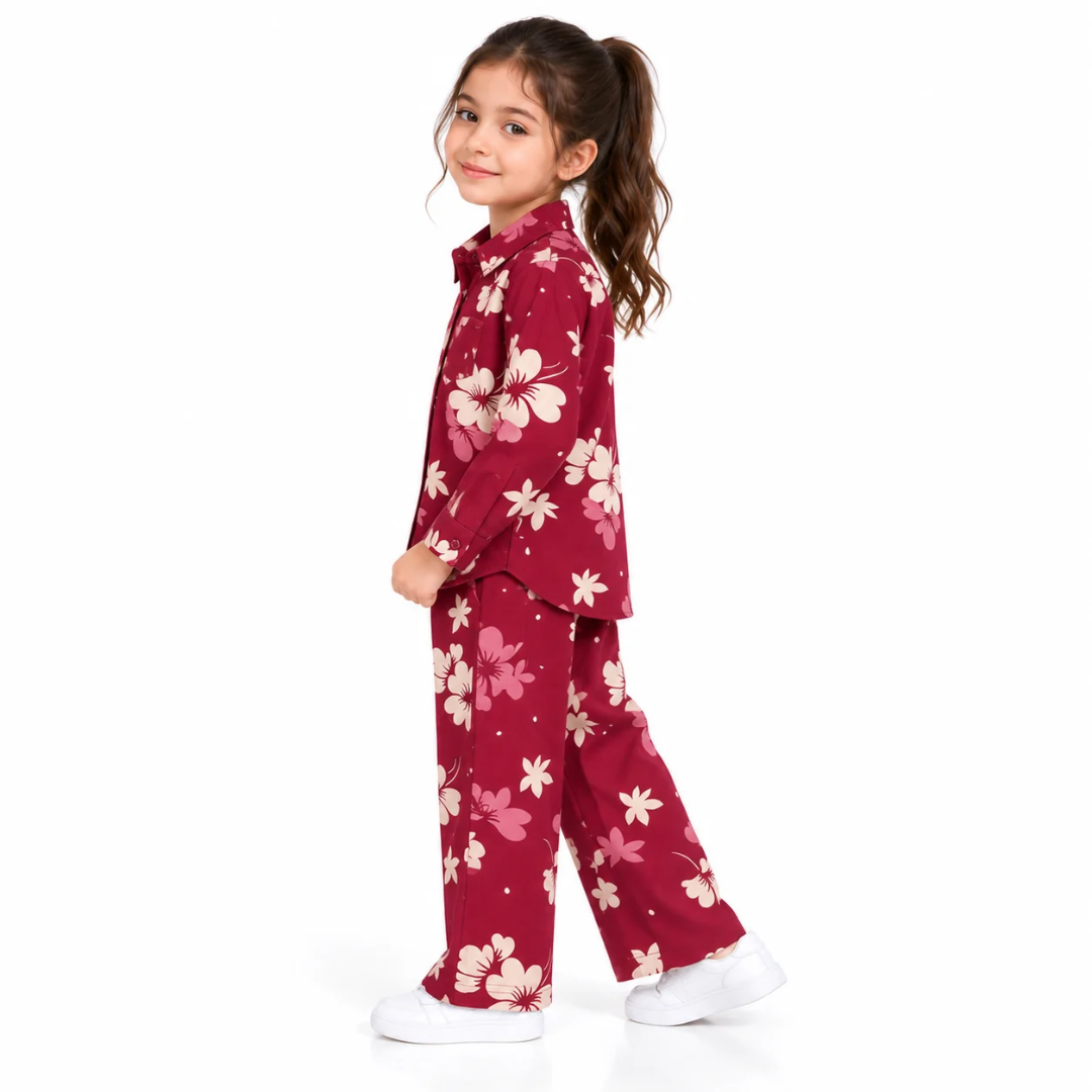 Girls' Maroon Floral Print Shirt and Pants Co-Ord Set (5-11 Years)