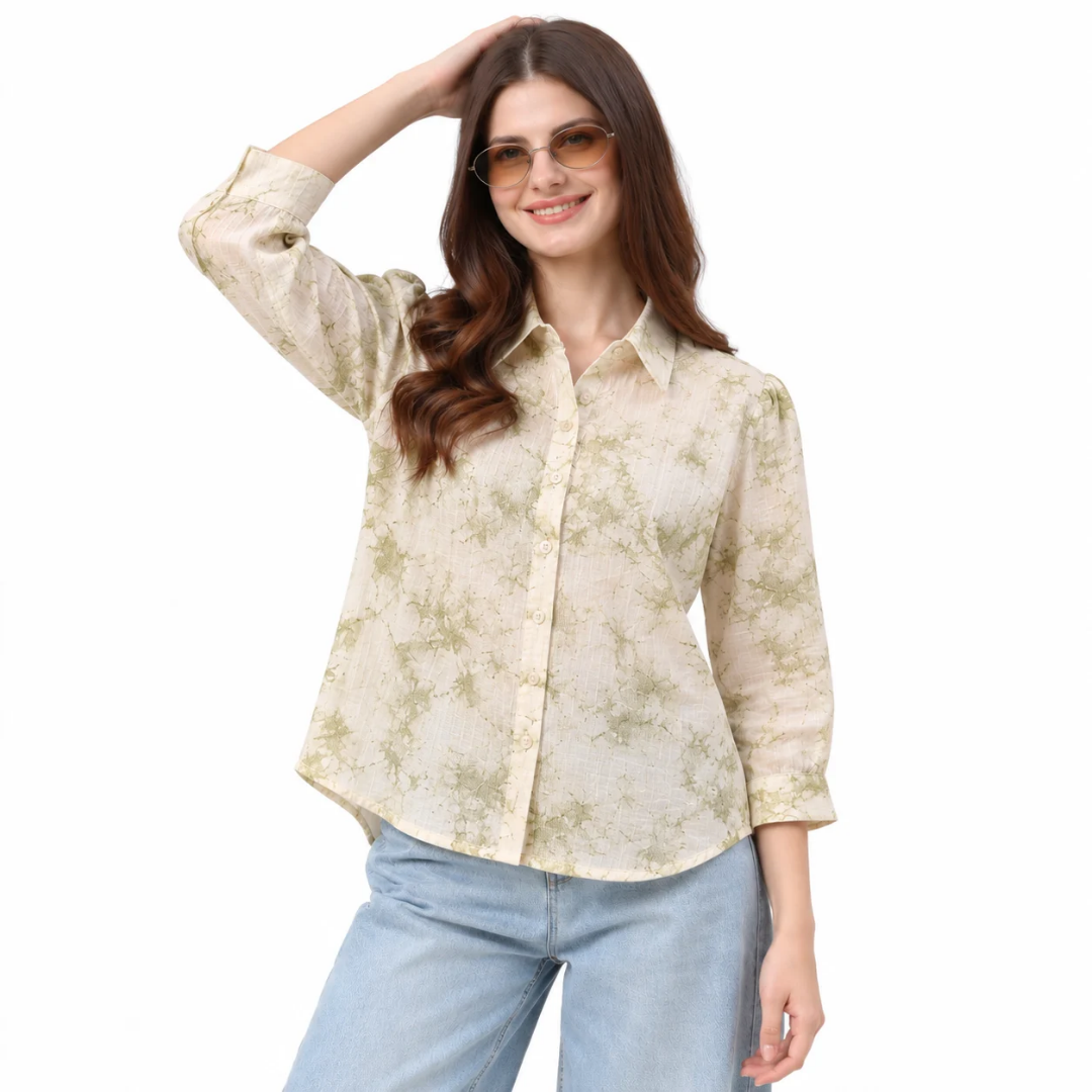 Women's Cream & Sage Green Printed Button-Down Shirt