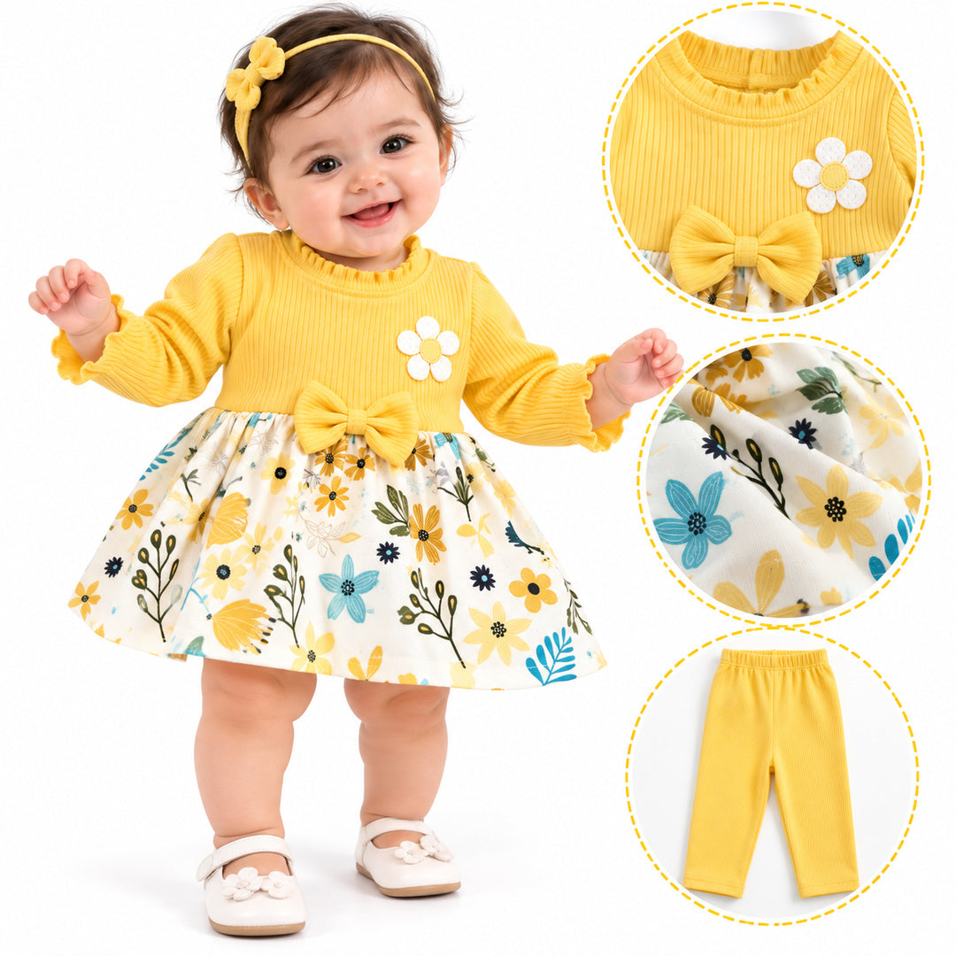 Baby Girls Yellow Floral Printed Frock & Pants Set