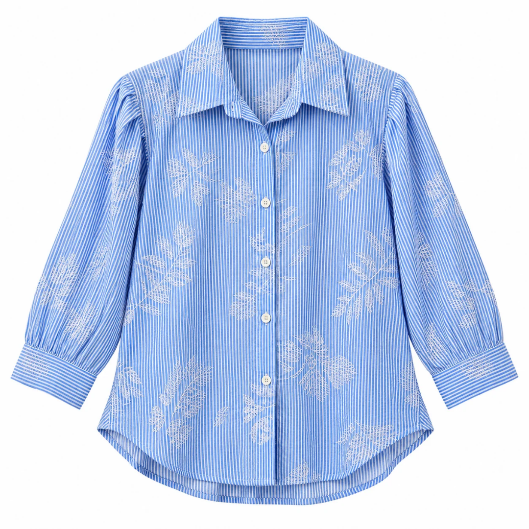 Women's Blue & White Striped Floral Print Button-Down Shirt