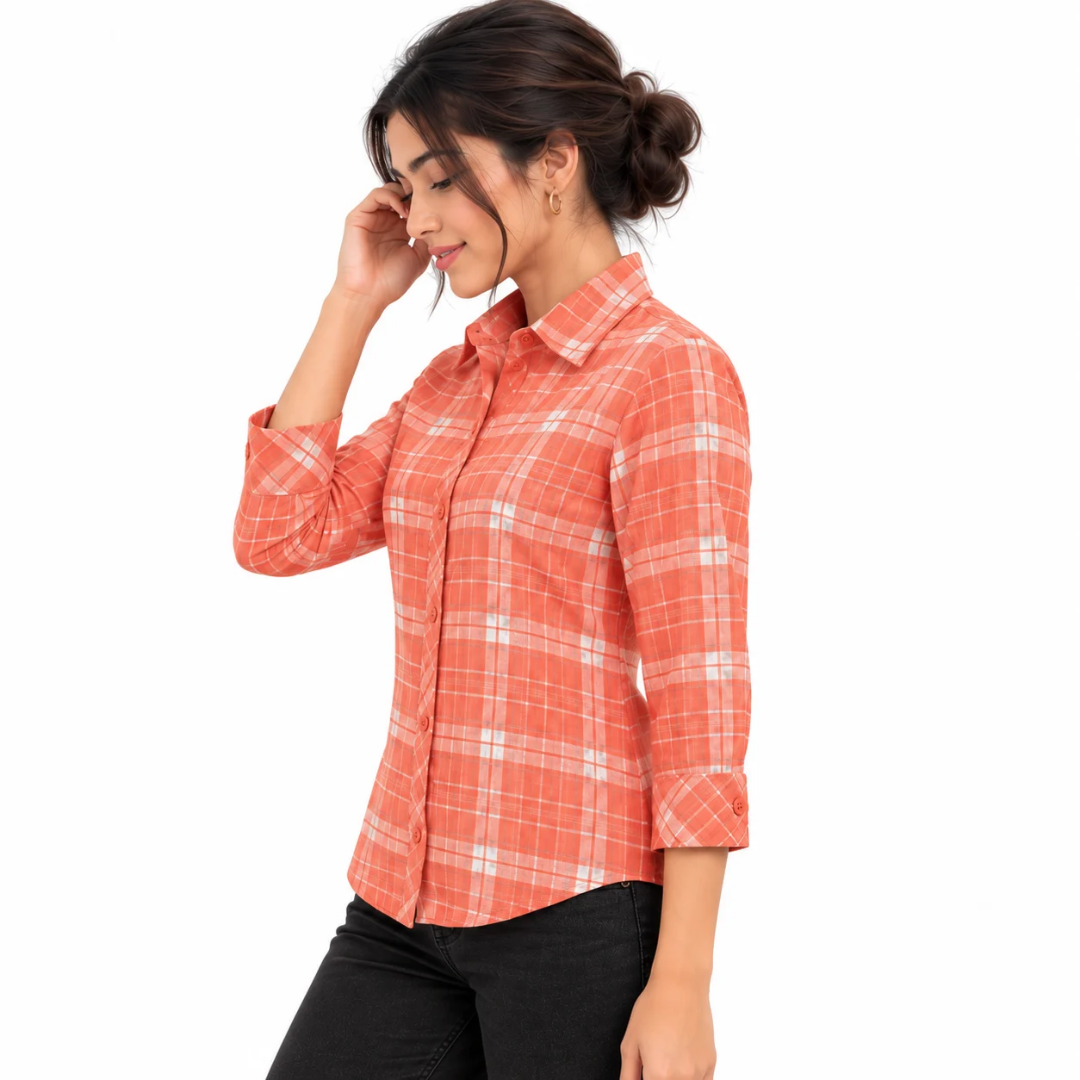 Women's Coral Orange & White Checkered Button-Down Shirt