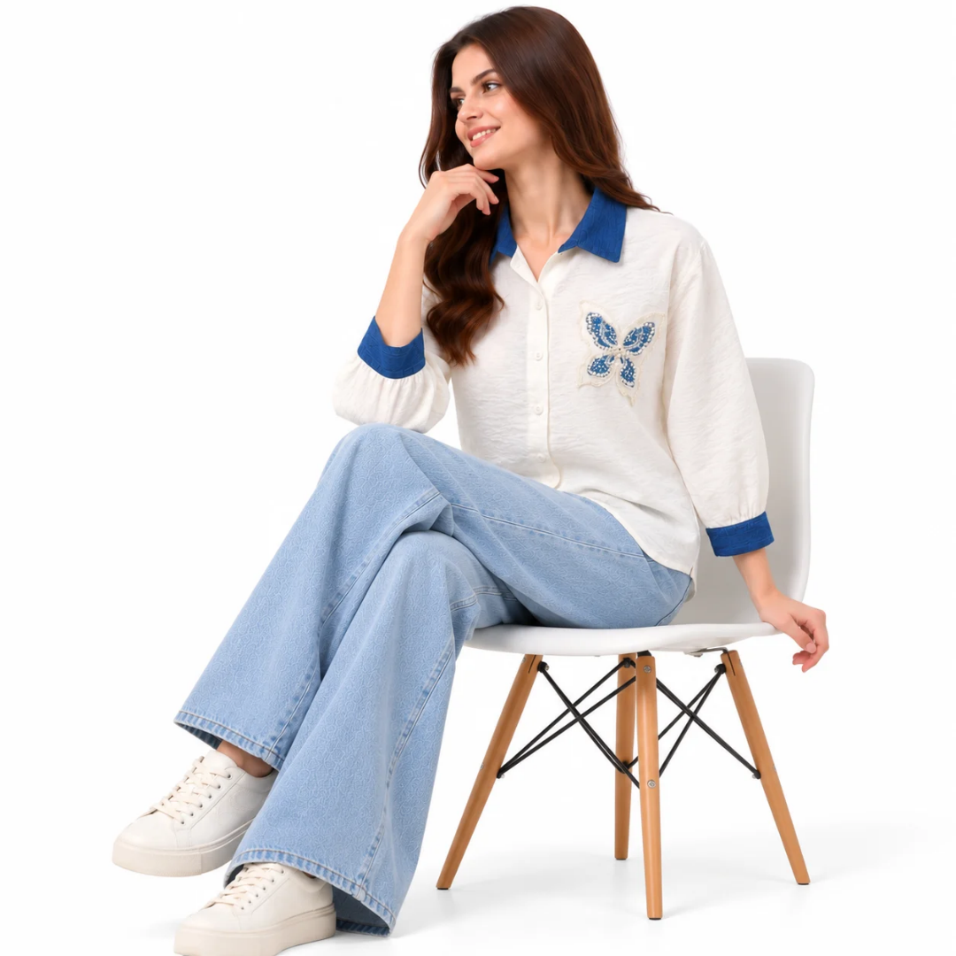 Women's White Button-Down Shirt with Blue Collar & Butterfly Embroidery