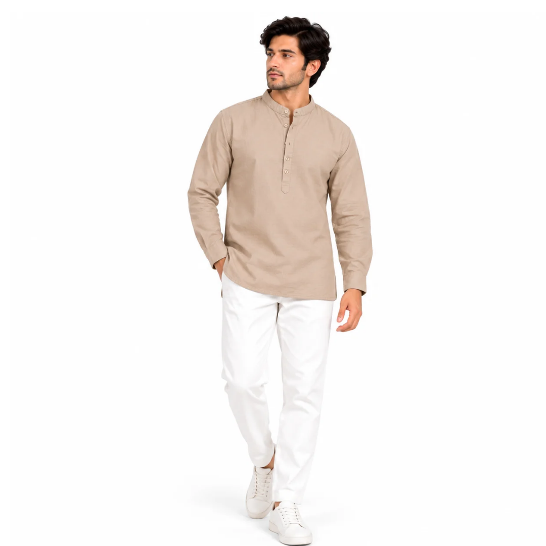 Men's Beige Mandarin Collar Solid Kurta