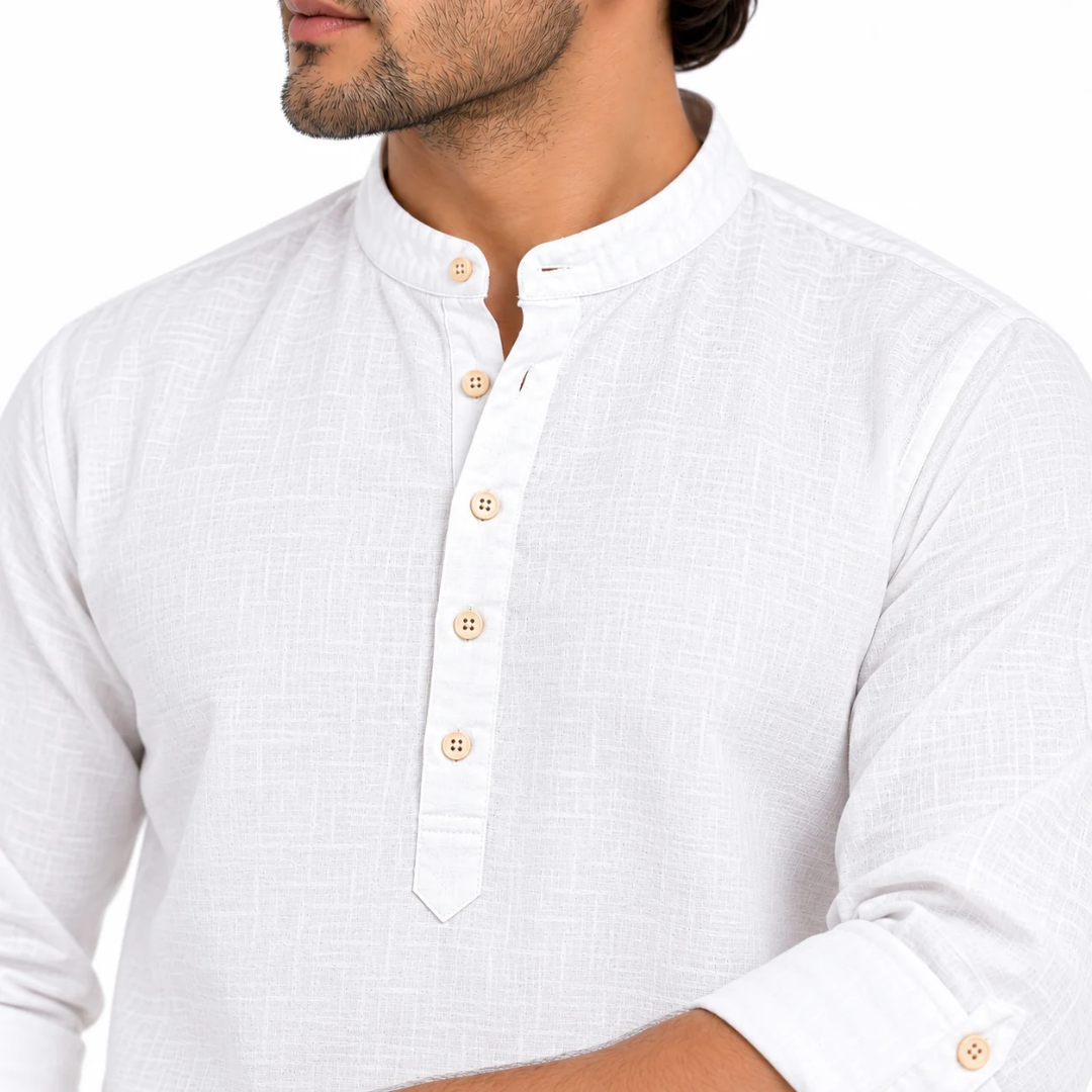 Men's White Textured Mandarin Collar Kurta