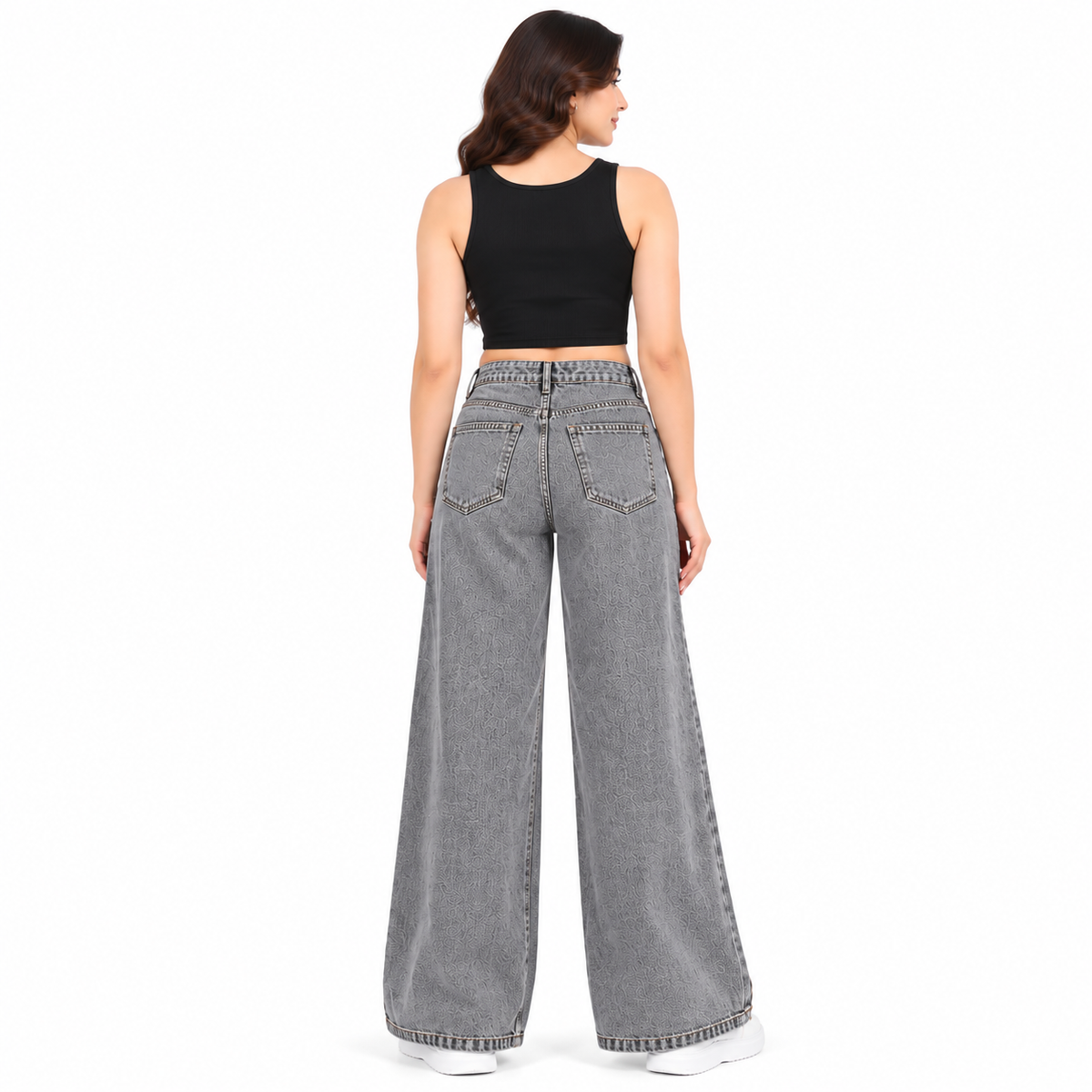 Women's High Rise Floral Rhinestone Wide Leg Jeans – Grey