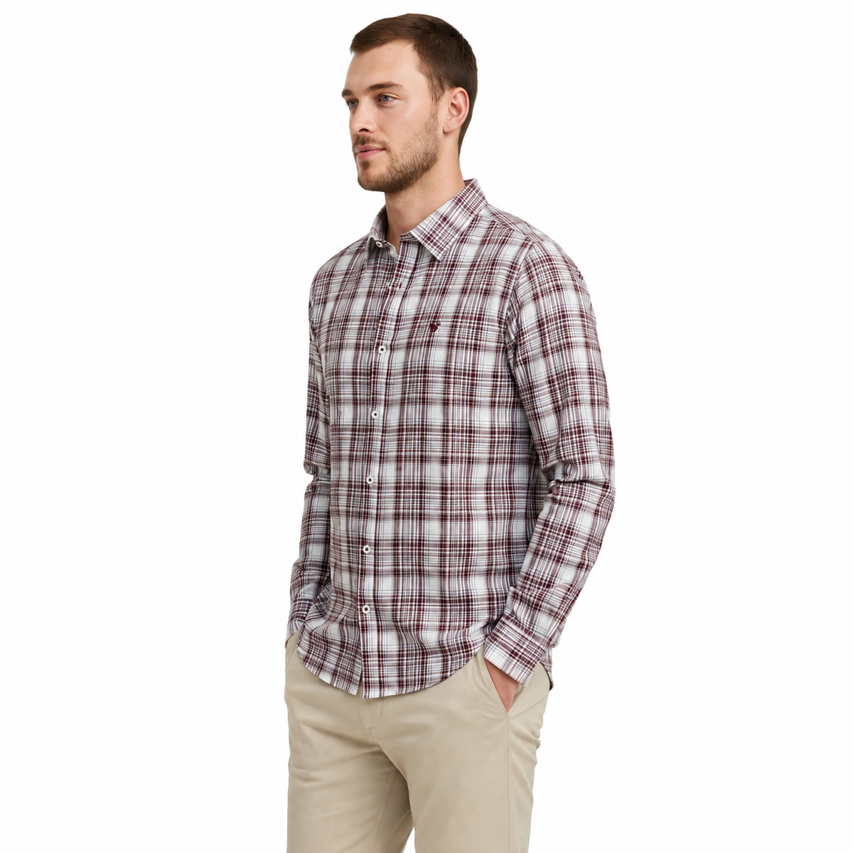 Men’s Cream & Burgundy Checked Full-Sleeve Shirt