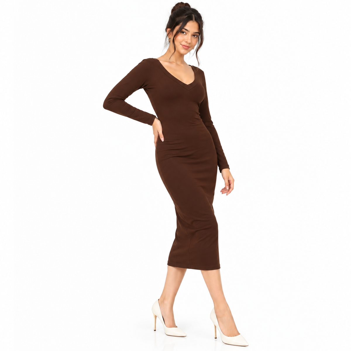 Women's Chocolate Brown V-Neck Full Sleeve Bodycon Midi Dress