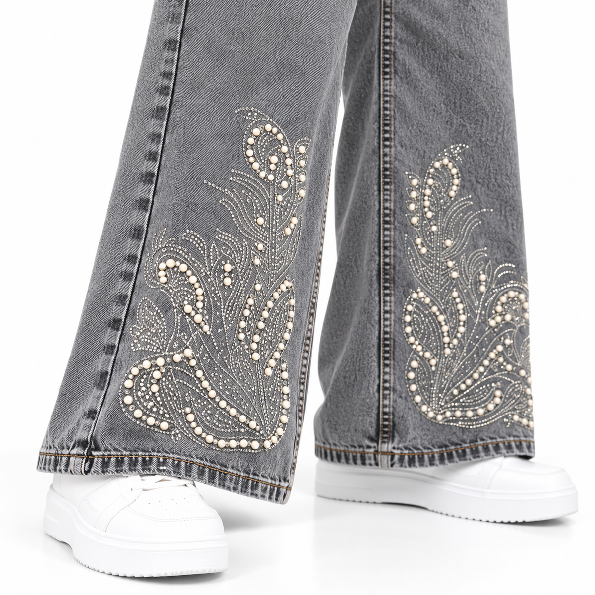 Women's High Rise Floral Rhinestone Wide Leg Jeans – Grey