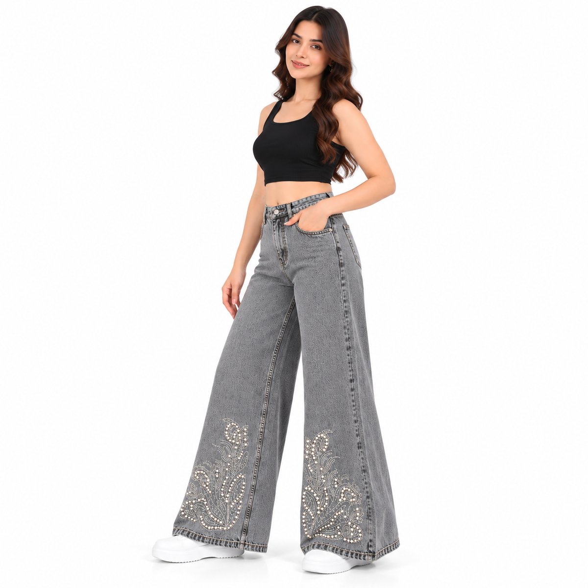 Women's High Rise Floral Rhinestone Wide Leg Jeans – Grey