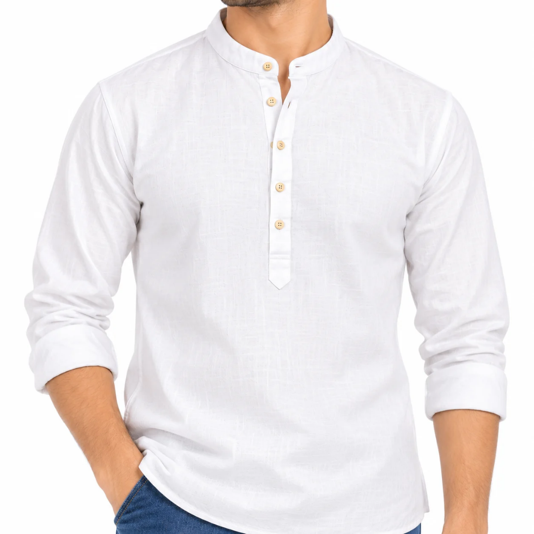 Men's White Textured Mandarin Collar Kurta