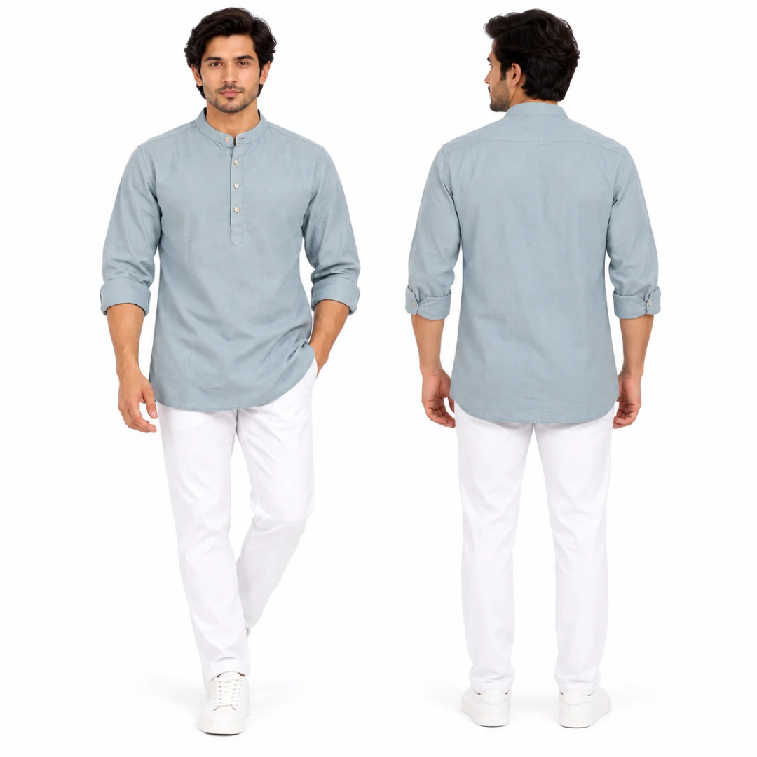 Men's Light Blue Solid Mandarin Collar Kurta