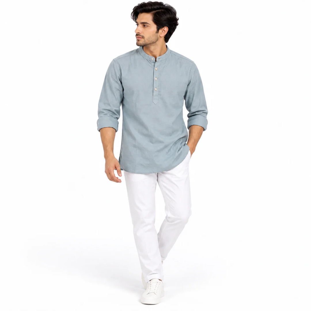 Men's Light Blue Solid Mandarin Collar Kurta