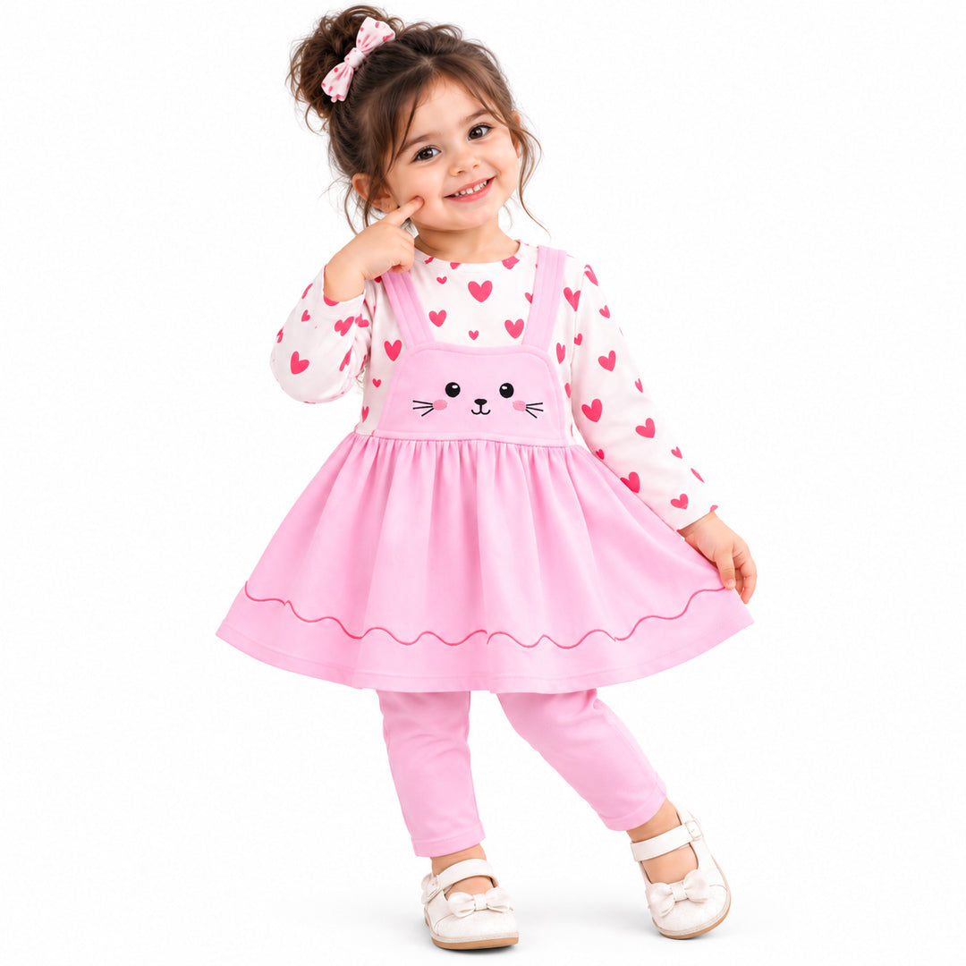 Baby Girls Pink Cat Printed Frock & Pants Set