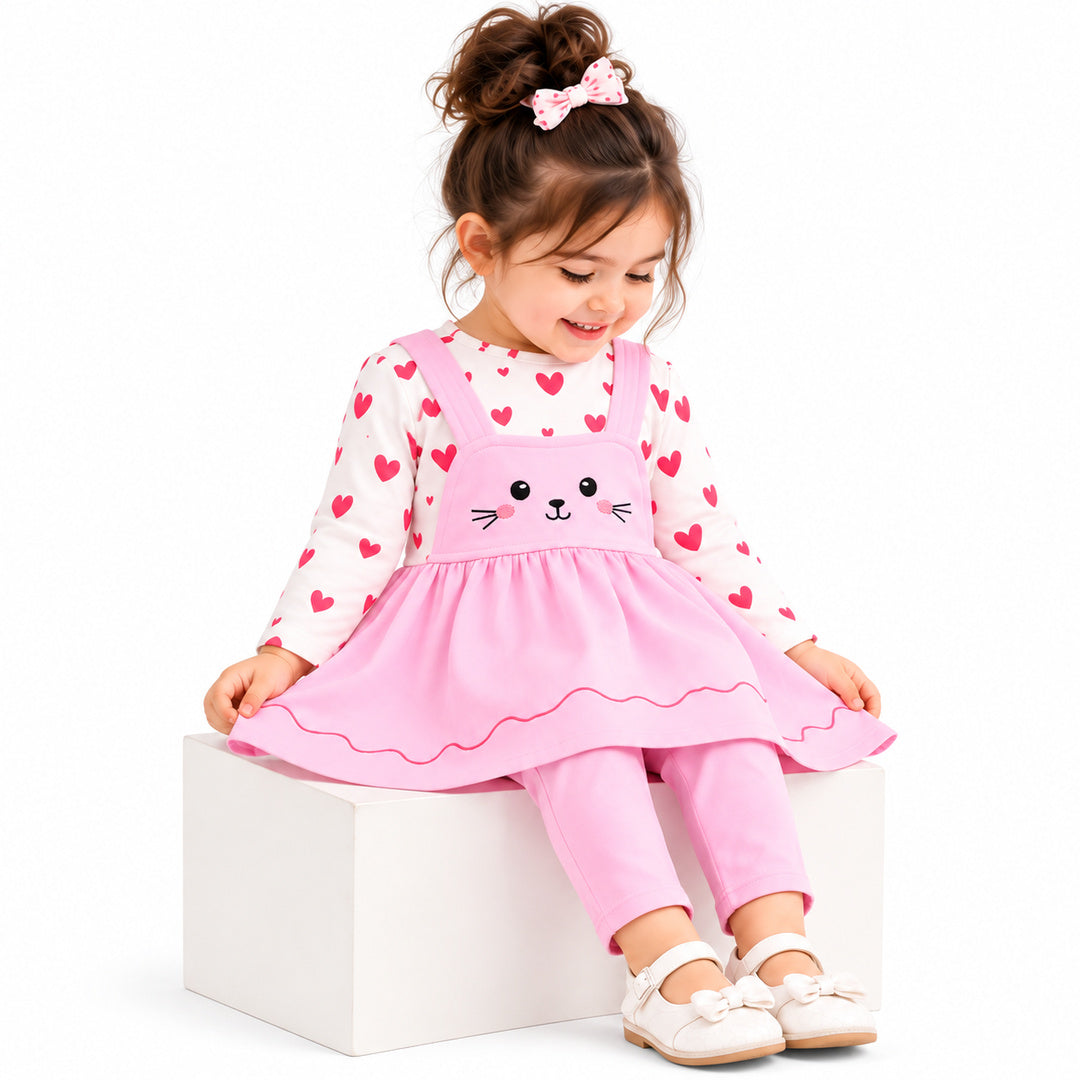 Baby Girls Pink Cat Printed Frock & Pants Set