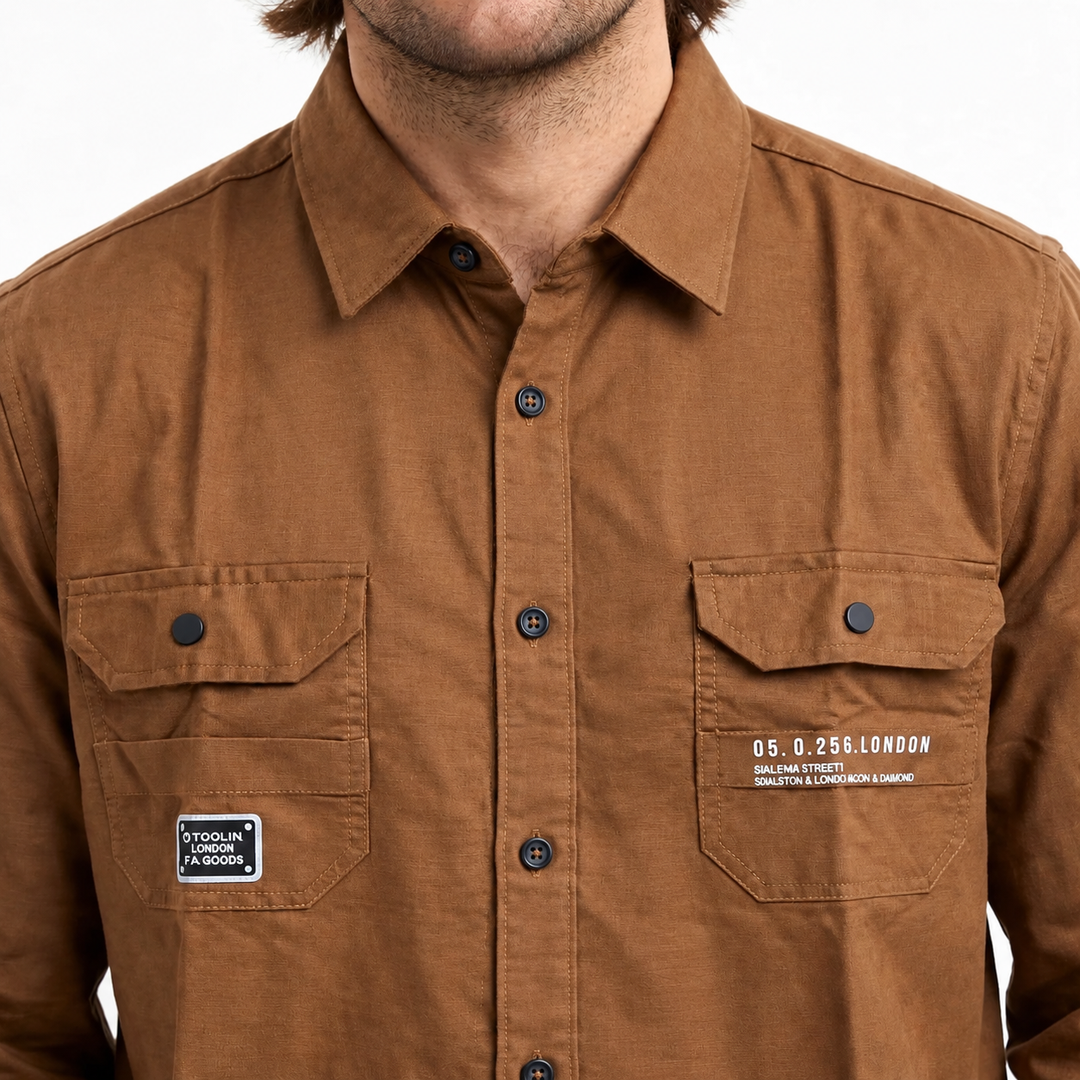 Men’s Brown Full-Sleeve Utility Shirt with Dual Pockets