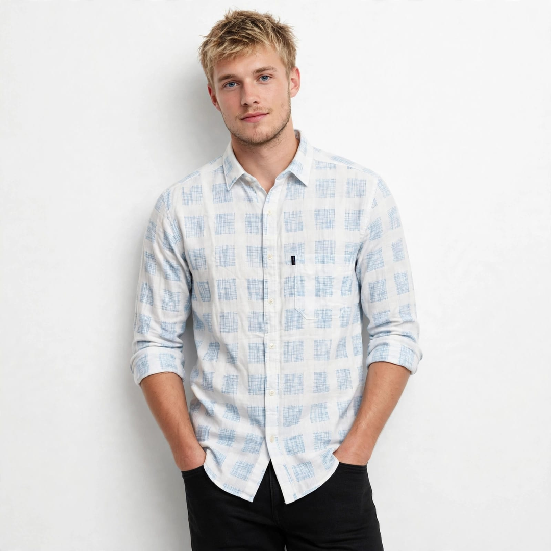 Men’s White & Blue Checked Full-Sleeve Shirt