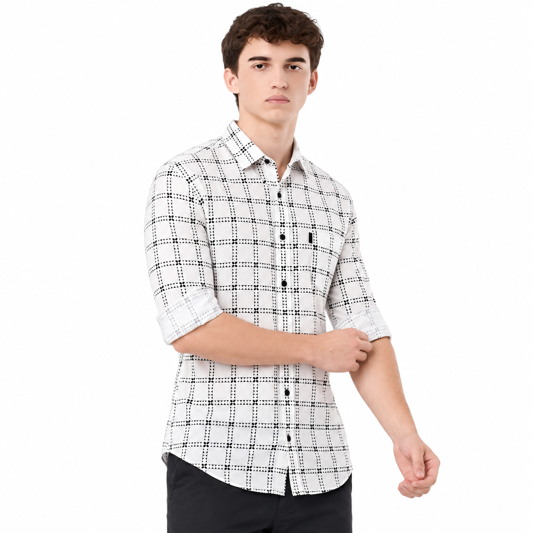 Men’s White & Black Geometric Check Full-Sleeve Shirt