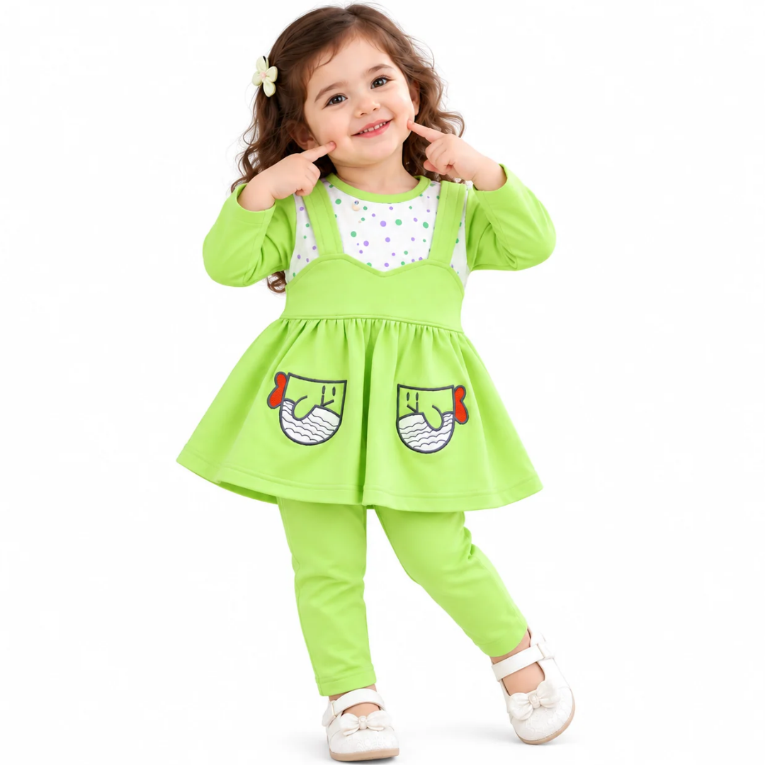Baby Girls Lime Green Fish Embroidered Frock & Pants Set