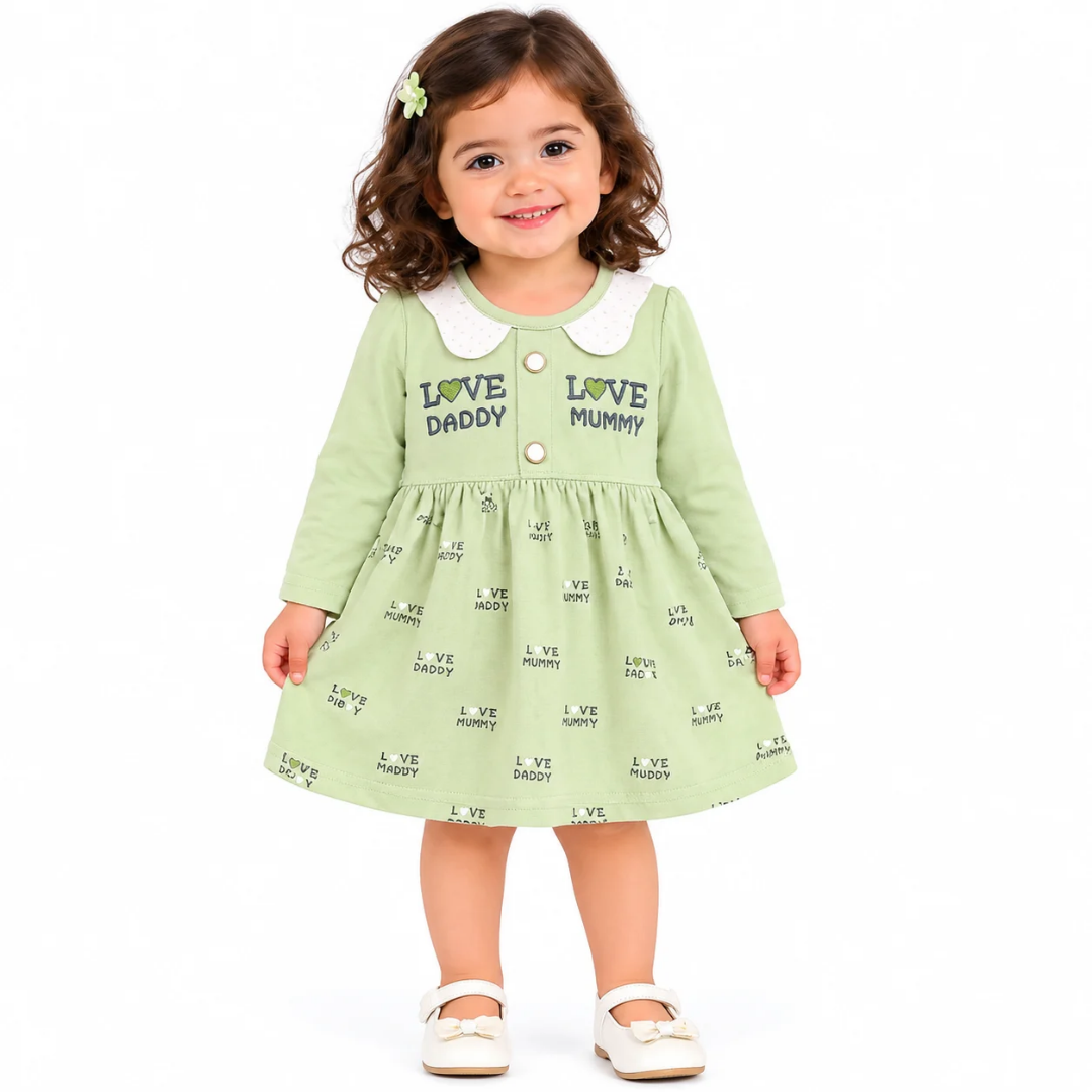 Girls’ Light Green Full-Sleeve Printed Frock & Pants Set