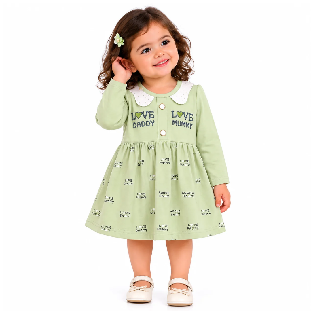 Girls’ Light Green Full-Sleeve Printed Frock & Pants Set