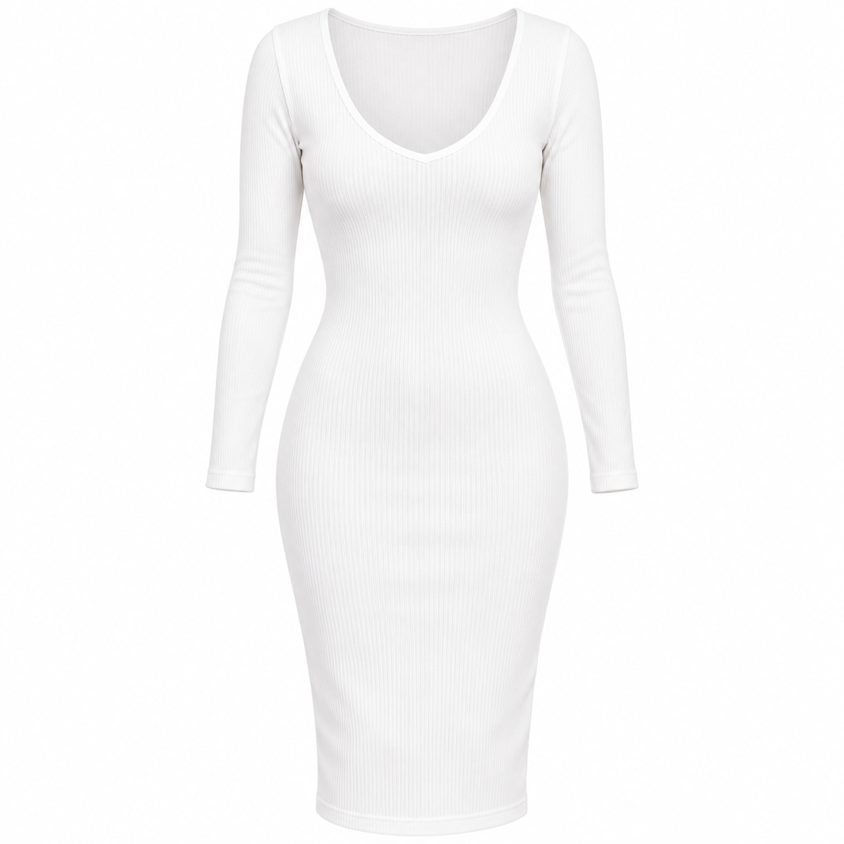 Women's White Ribbed Full Sleeve Bodycon Midi Dress