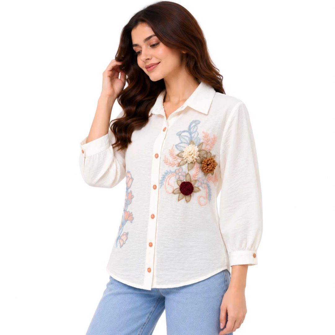 Women's White Floral Embroidered Button-Down Shirt