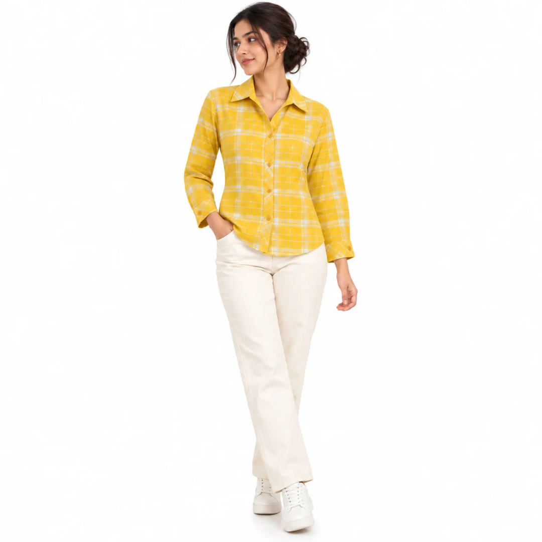 Women's Yellow & White Checkered Button-Down Shirt