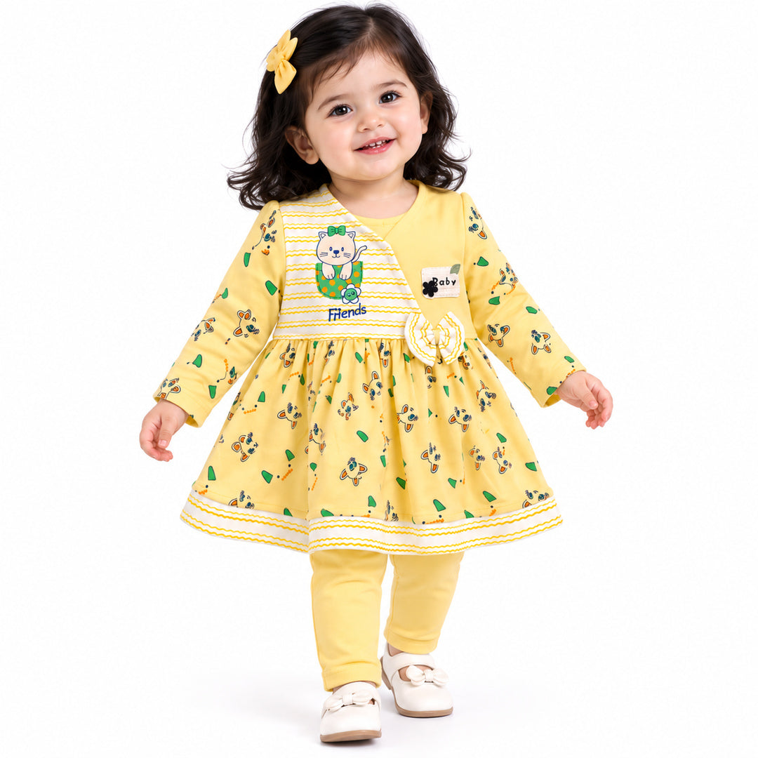 Baby Girls Yellow Cat Printed Full Sleeves Frock & Pants Set
