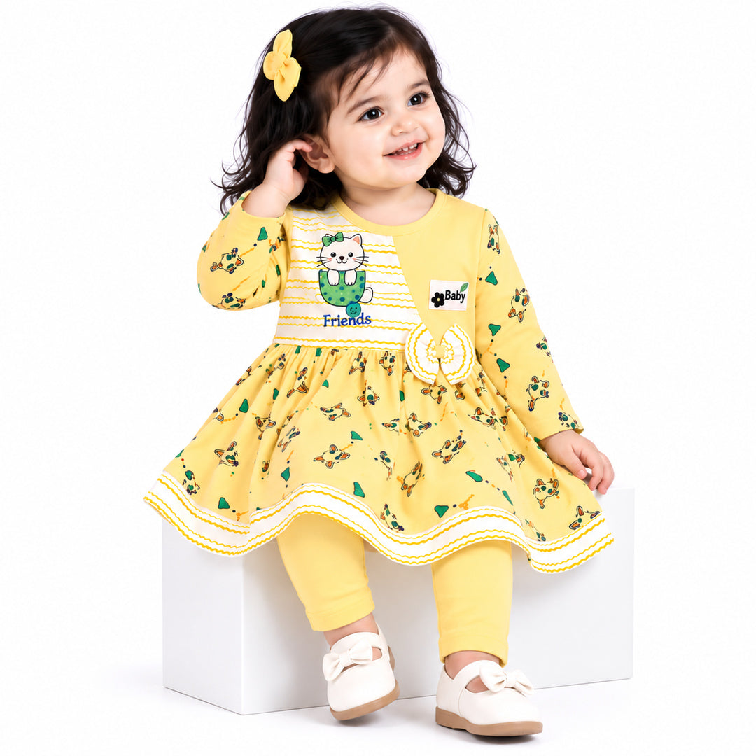 Baby Girls Yellow Cat Printed Full Sleeves Frock & Pants Set