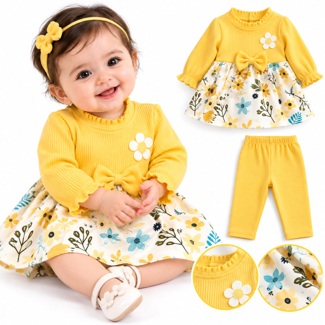 Baby Girls Yellow Floral Printed Frock & Pants Set