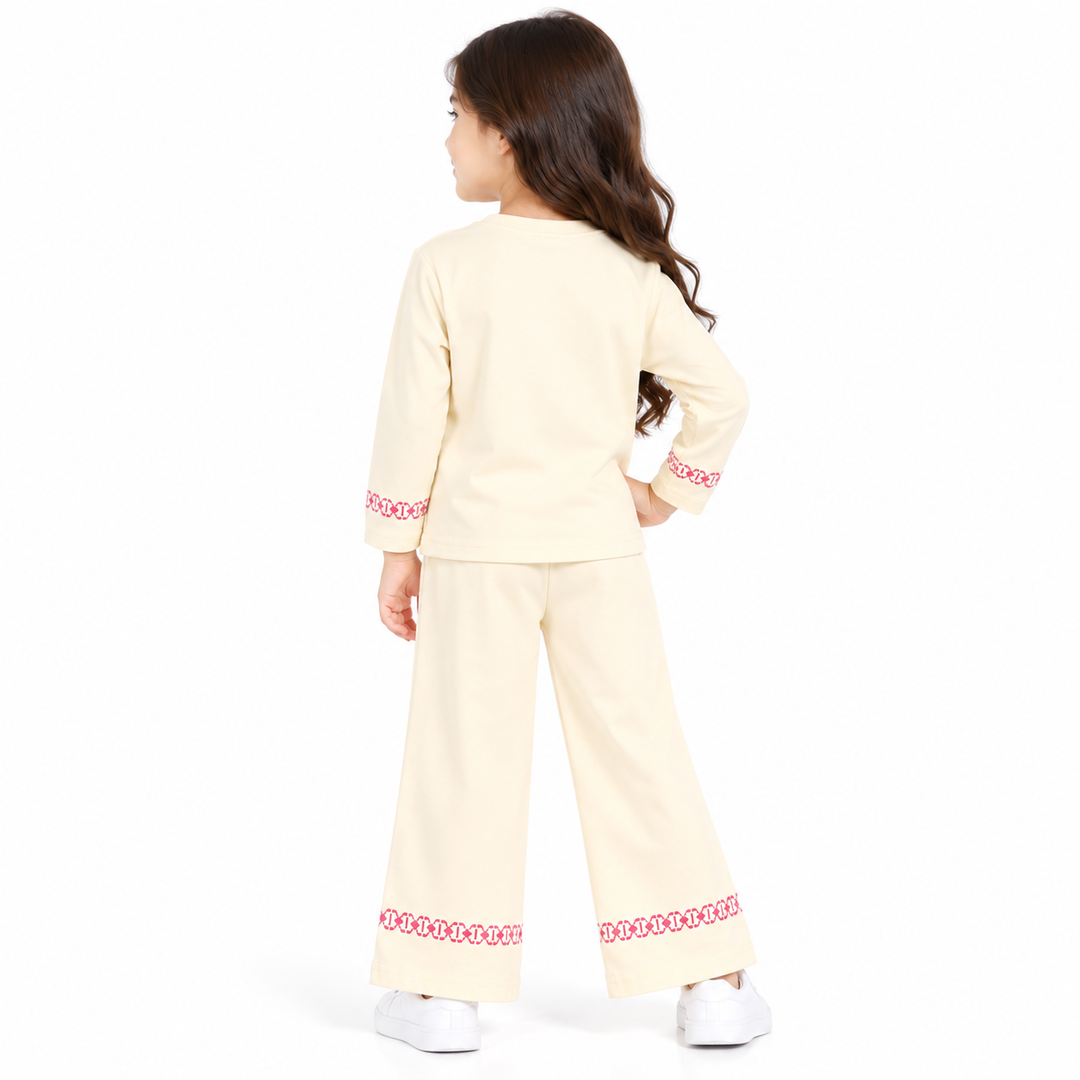 Girls' Cream Graphic Full-Sleeve Top and Matching Pant Set (5-11 years)