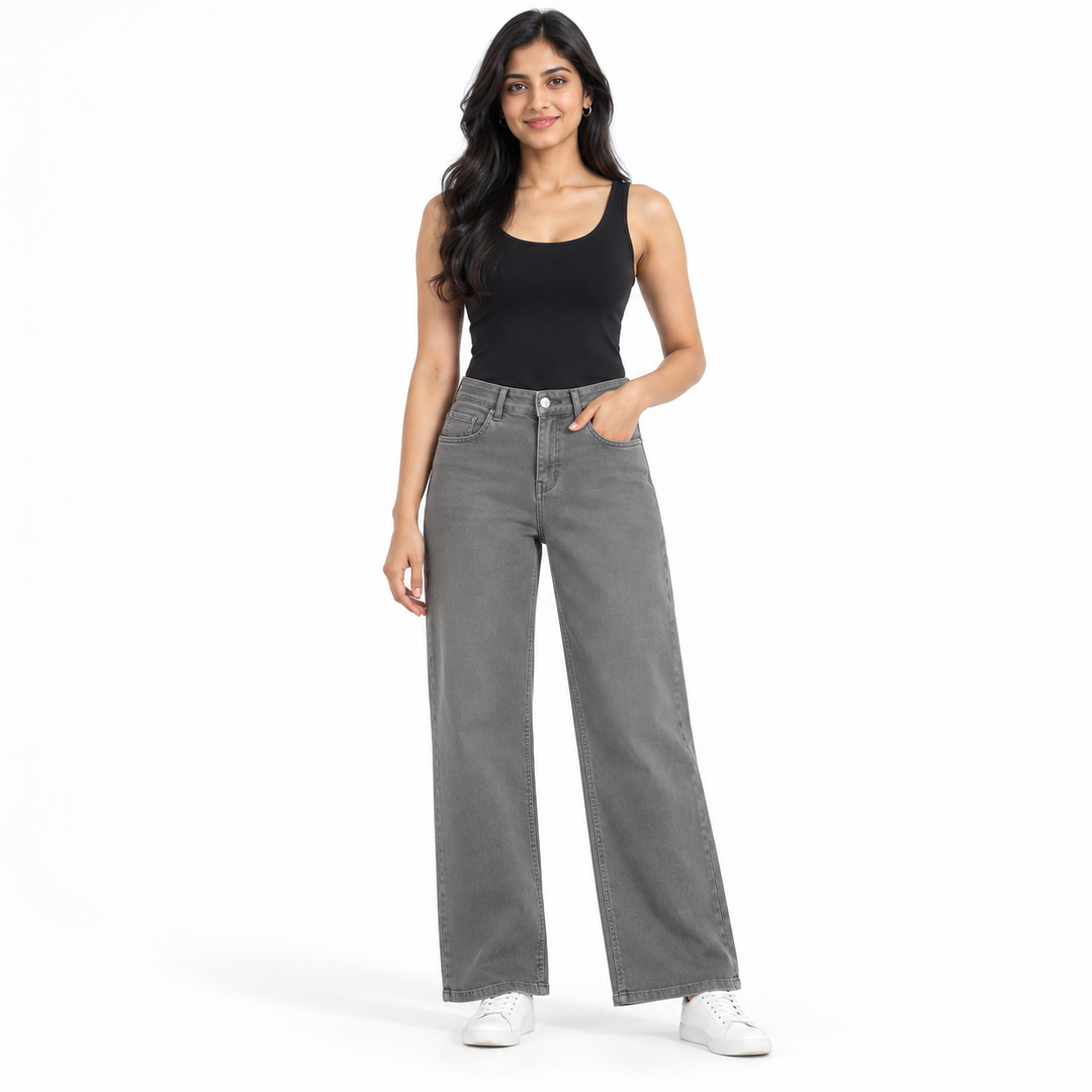 Women's High Rise Wide Leg Jeans (Grey)