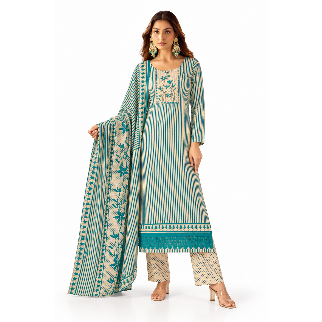Women’s Teal & Cream Striped Kurta Set with Printed Pants and Dupatta
