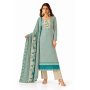 Women’s Teal & Cream Striped Kurta Set with Printed Pants and Dupatta