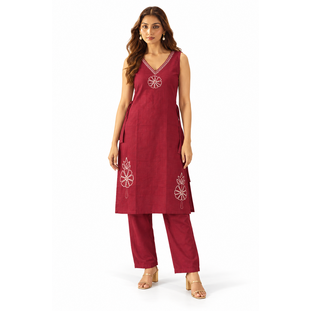 Women’s Maroon Embroidered Sleeveless Kurta Set with Pants