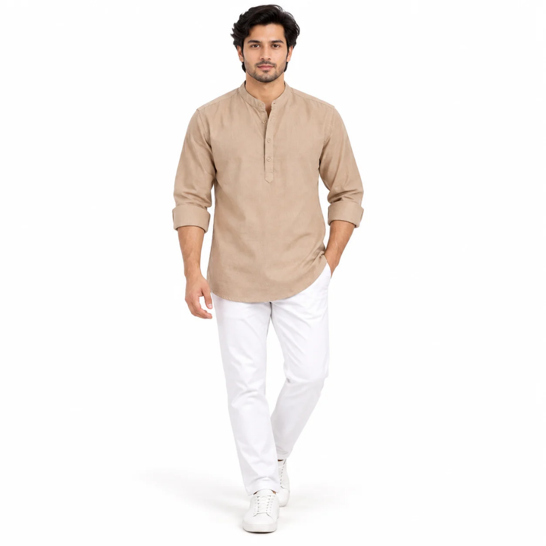 Men's Beige Solid Mandarin Collar Kurta with Button Placket