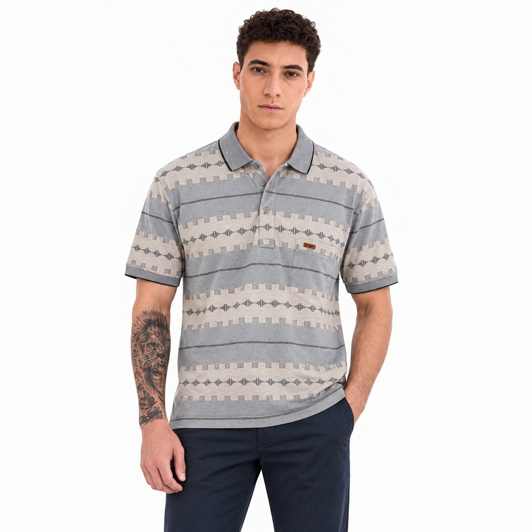 Men’s Grey Geometric Print Polo T-Shirt