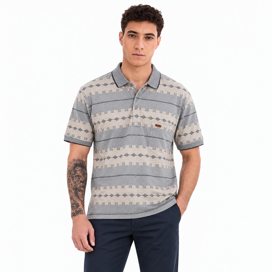 Men’s Grey Geometric Print Polo T-Shirt