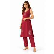 Women’s Maroon Embroidered Sleeveless Kurta Set with Pants