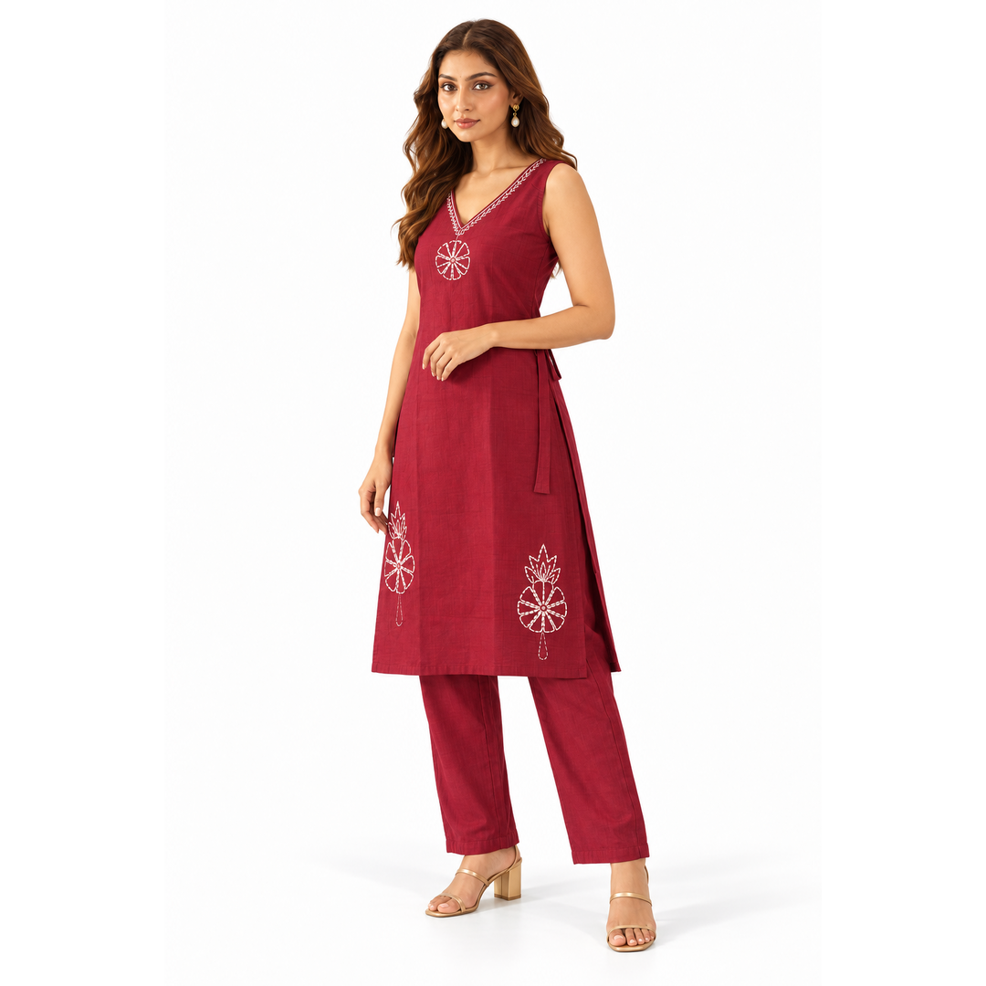 Women’s Maroon Embroidered Sleeveless Kurta Set with Pants