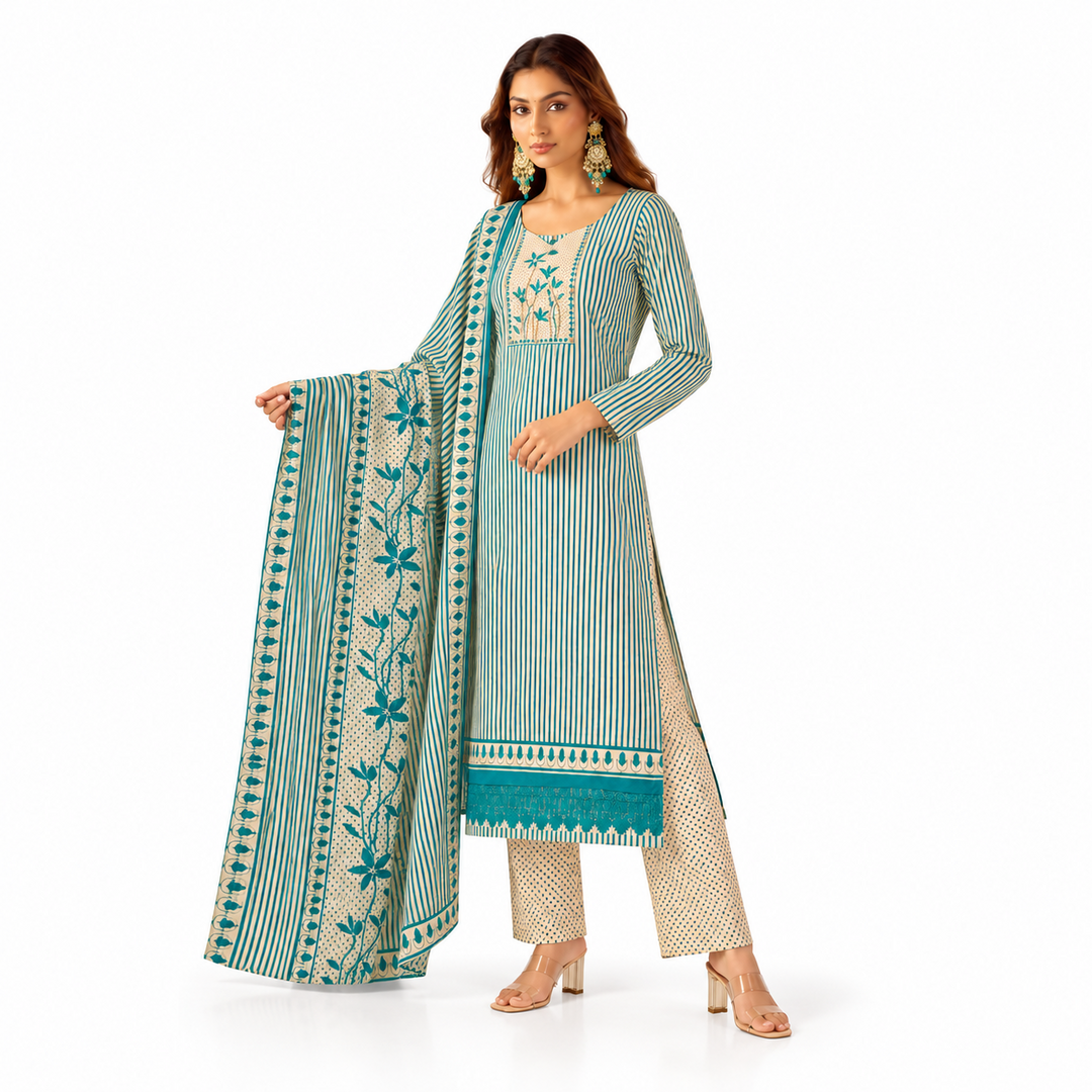 Women’s Teal & Cream Striped Kurta Set with Printed Pants and Dupatta