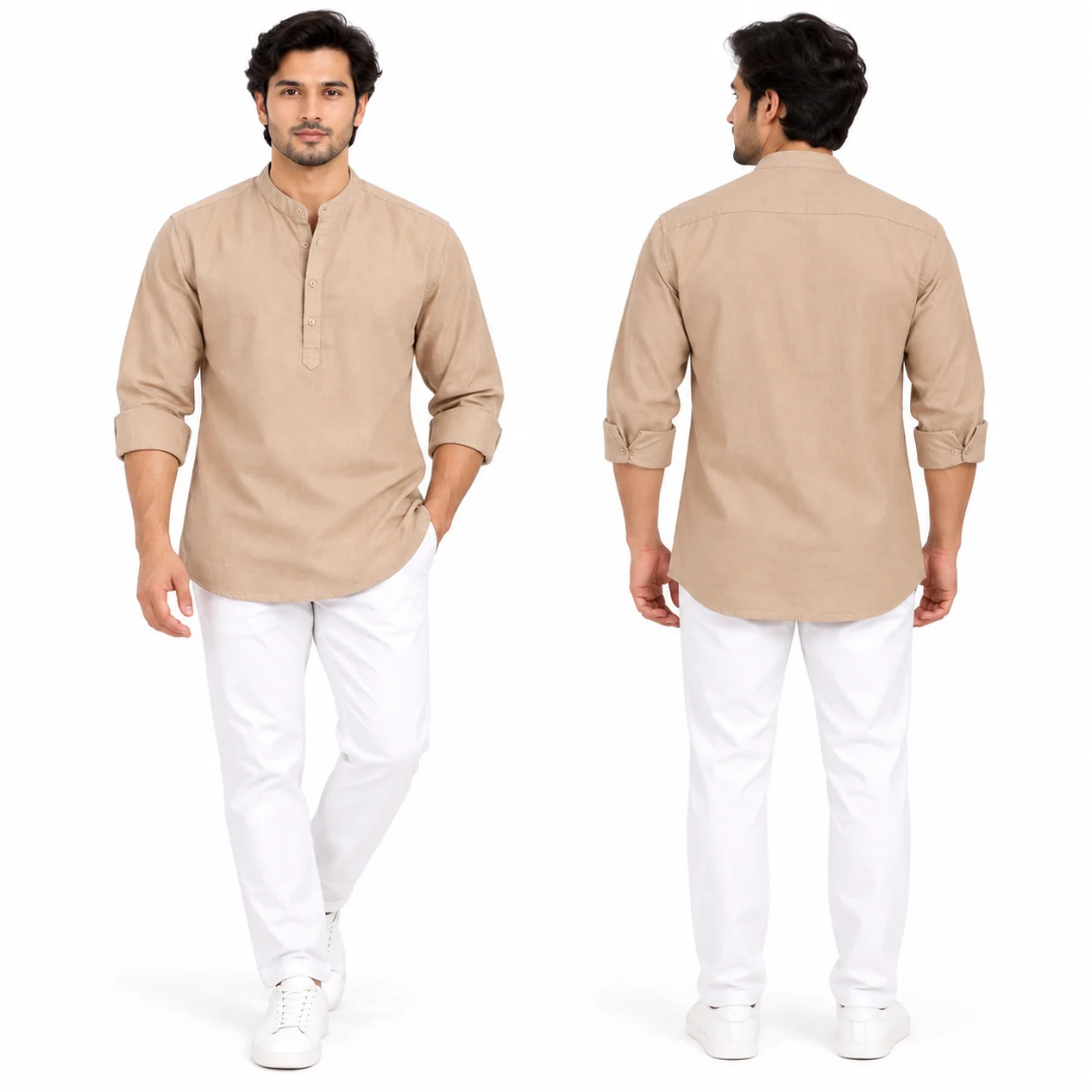 Men's Beige Solid Mandarin Collar Kurta with Button Placket