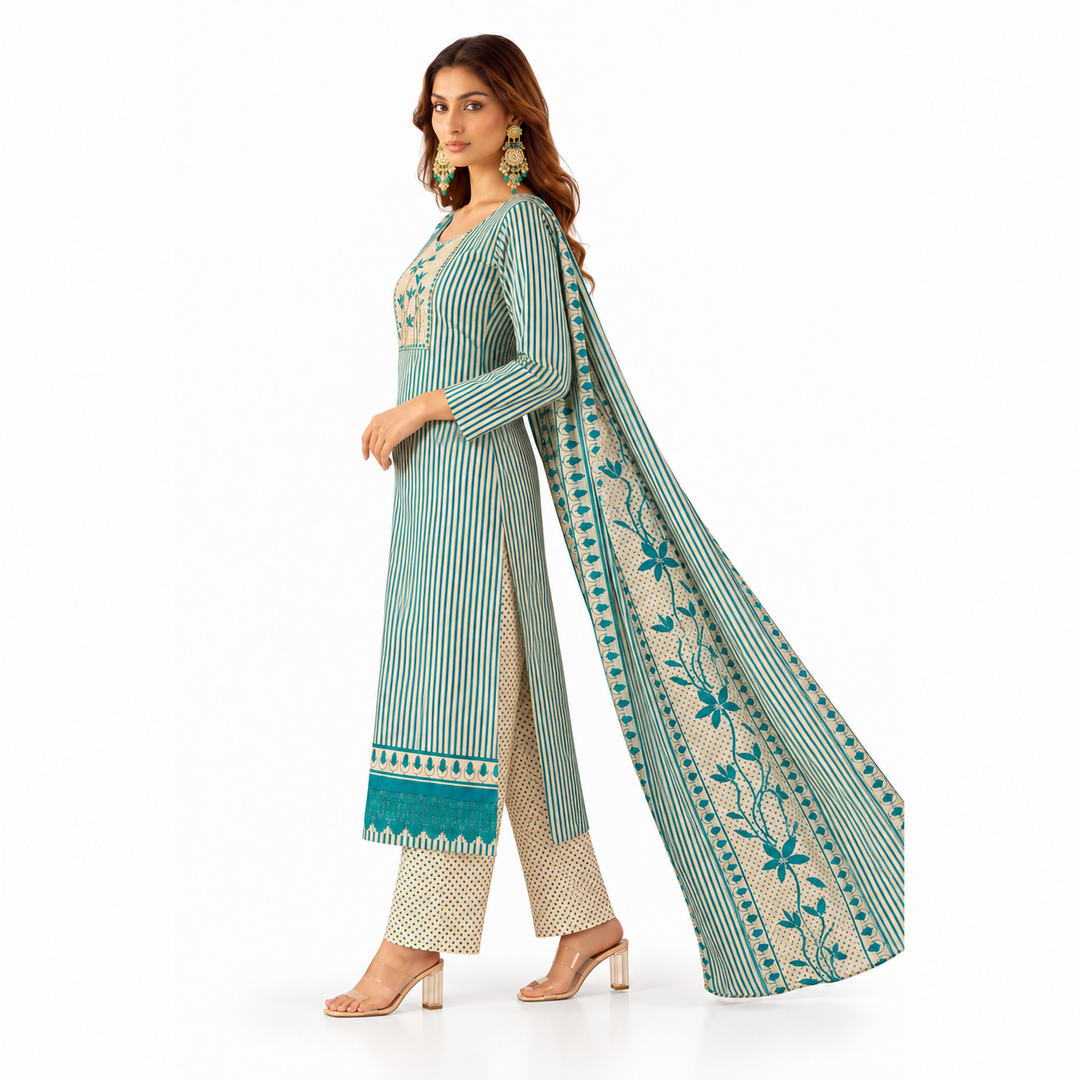 Women’s Teal & Cream Striped Kurta Set with Printed Pants and Dupatta