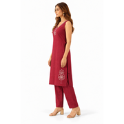 Women’s Maroon Embroidered Sleeveless Kurta Set with Pants