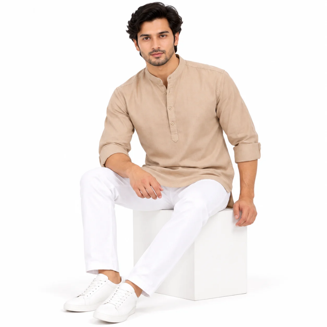 Men's Beige Solid Mandarin Collar Kurta with Button Placket