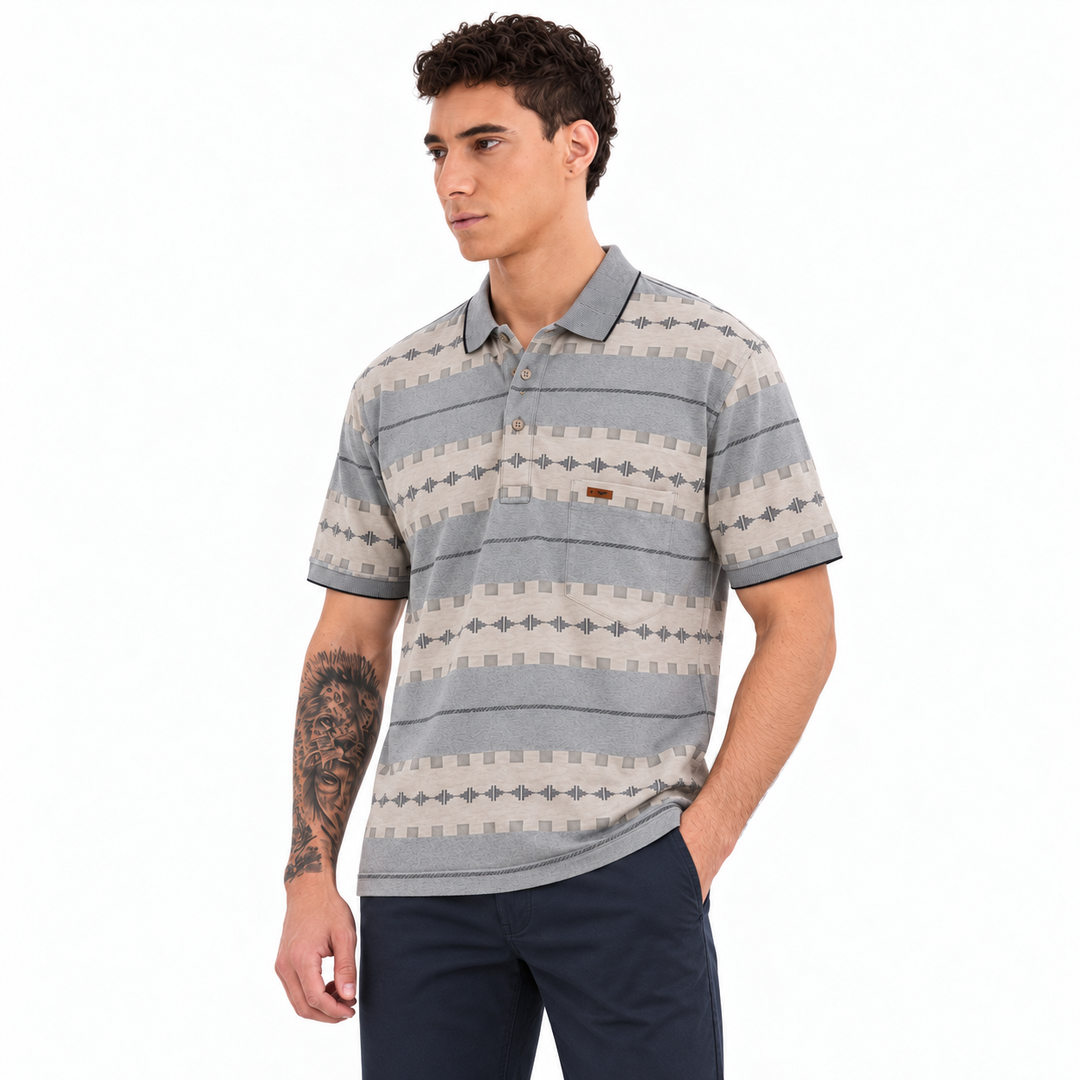 Men’s Grey Geometric Print Polo T-Shirt